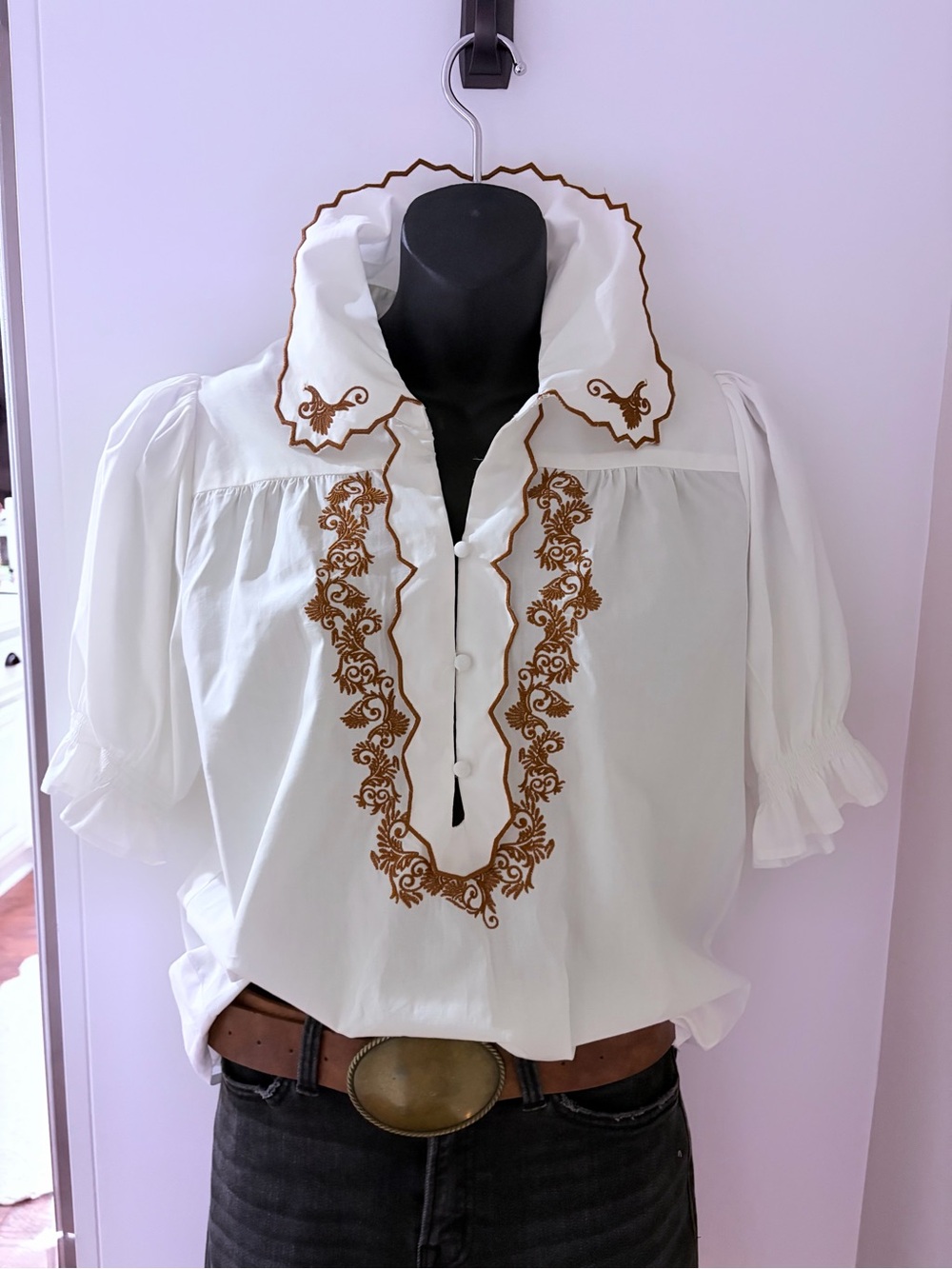 Embroidered White Peasant Blouse with Brown Trim by BlueB